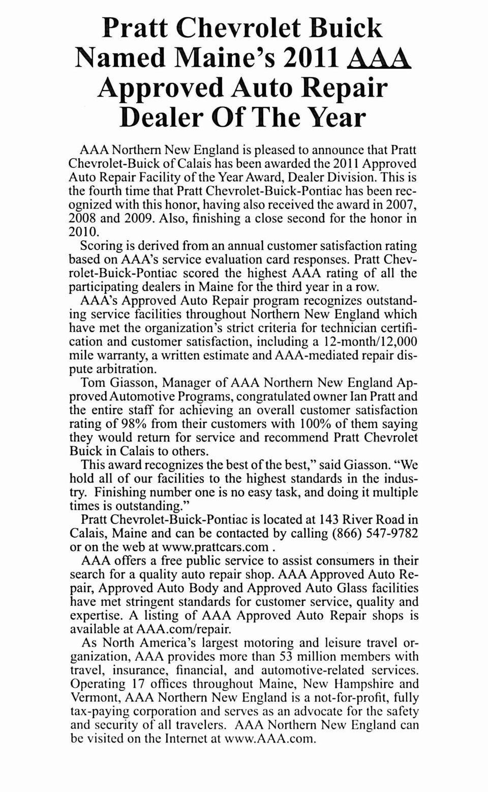 Pratt Chevrolet GMC named ME's Approved Auto Repair Dealer of the year