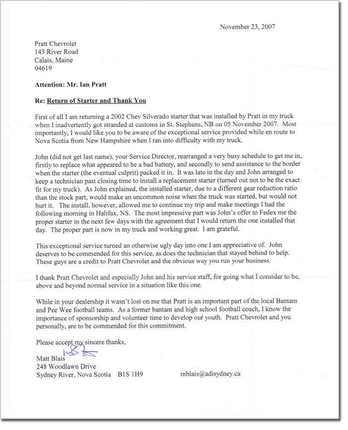 Return of starter and thank you letter