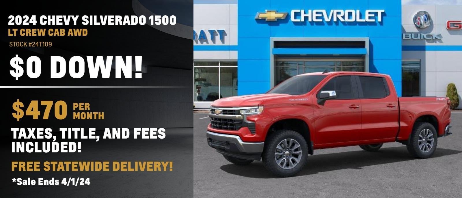 2024 Chevrolet Silverado 1500 $0 down, $470 per month. Sale ends April 1st, 2024