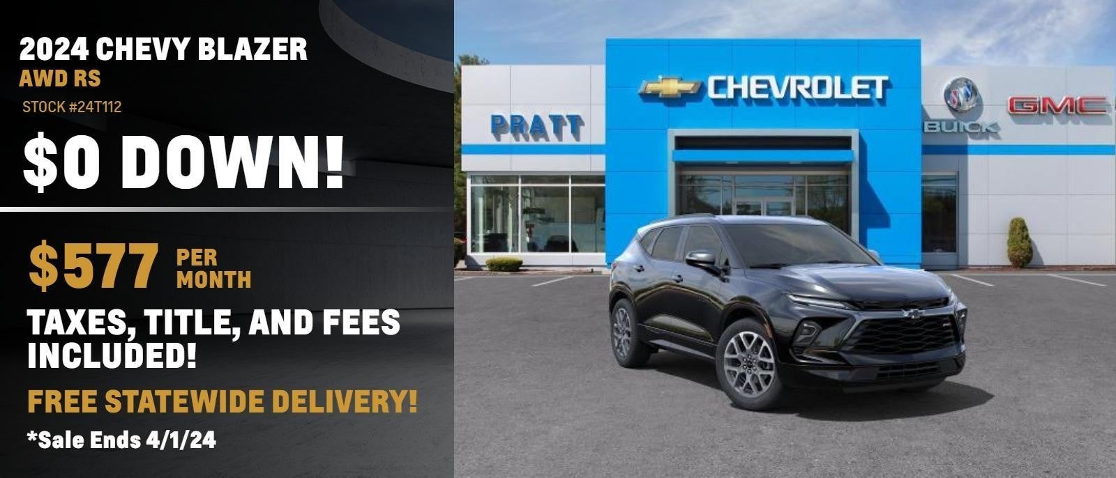 2024 Chevrolet Blazer AWD RS. $0 down, $577 per month. Sale ends April 1st, 2024