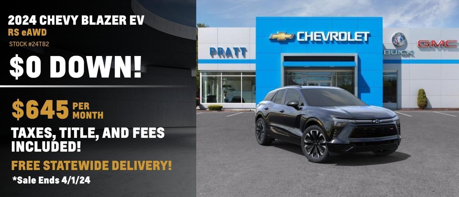2024 Chevrolet Blazer EV RS eAWD. $0 down, $645 per month. Sale ends April 1st, 2024